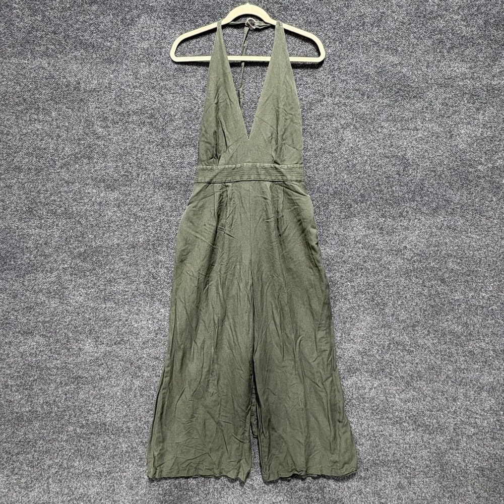 Adam Lippes Jumpsuit Womens 2 Green Halter Wide Leg Linen Open Back Pockets